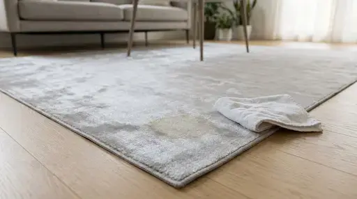 Close-up of a soft gray viscose area rug with a faint tan water spot on a wood floor