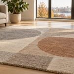 Patterned wool area rug on a wood plank floor in a bright apartment living room in fall light