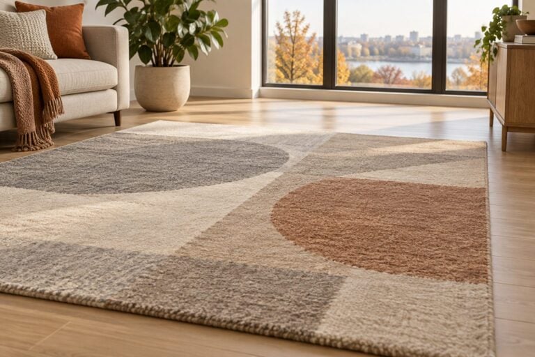 Patterned wool area rug on a wood plank floor in a bright apartment living room in fall light
