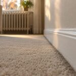 Gray filtration soiling line along a white baseboard on beige wall-to-wall carpet in autumn light