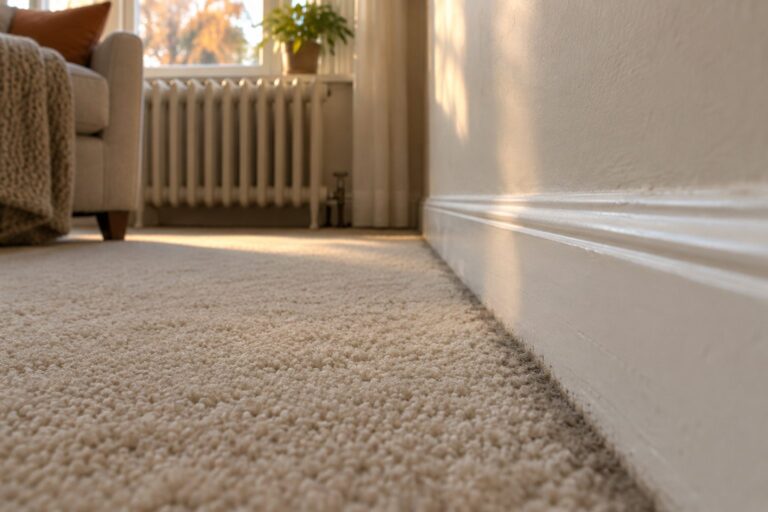 Gray filtration soiling line along a white baseboard on beige wall-to-wall carpet in autumn light