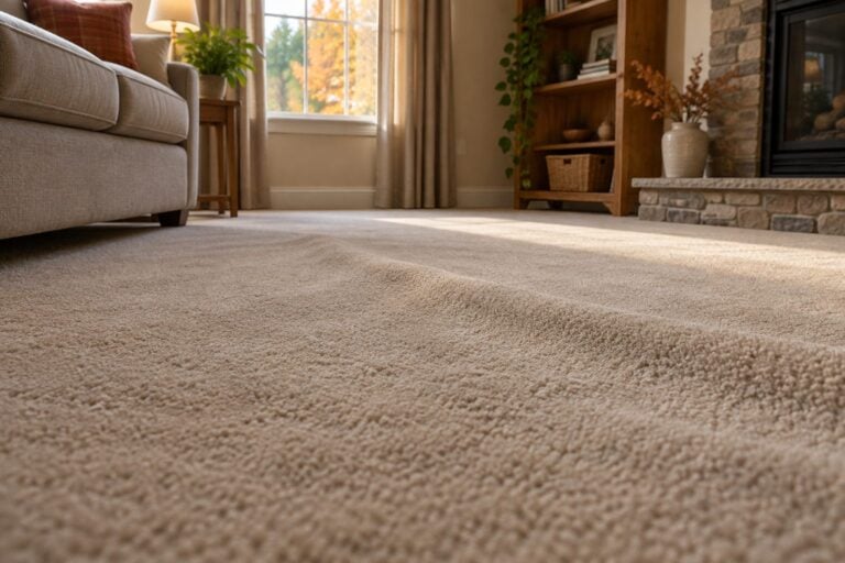 Ripple running across a beige wall-to-wall carpet in a living room in afternoon light