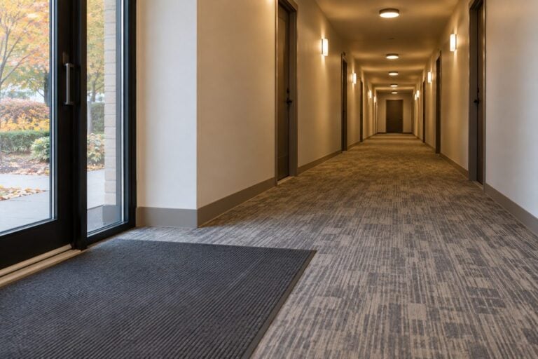 Clean carpeted apartment building hallway with a walk-off mat at the entrance in autumn