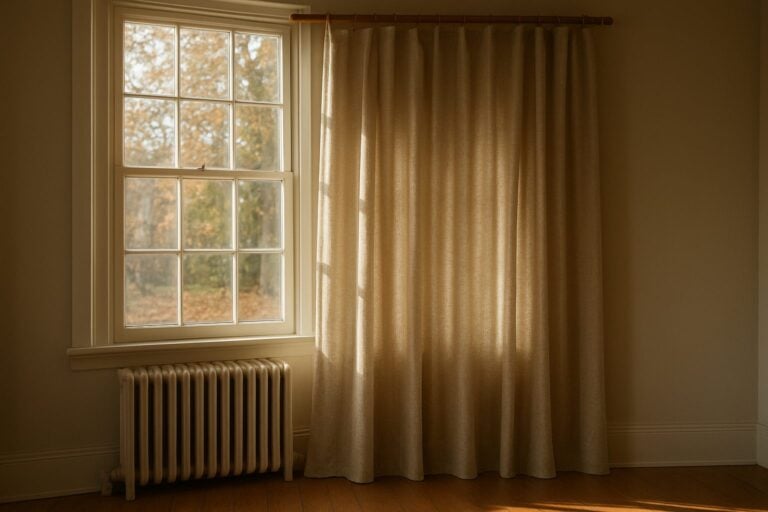 Lined drapes beside tall multi-pane windows in an older home living room, lit by soft autumn sun