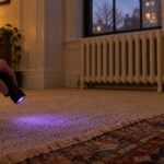 Black light over a pet urine spot on carpet beside a radiator in an apartment