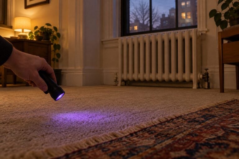 Black light over a pet urine spot on carpet beside a radiator in an apartment