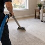 Technician cleaning a beige living room carpet with a hot water extraction wand in autumn light