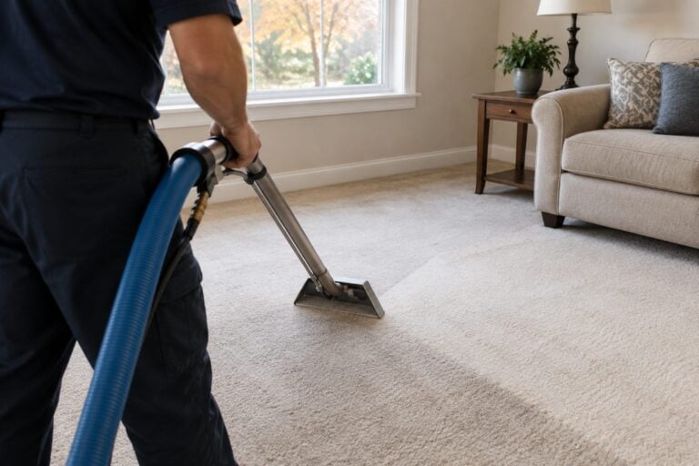 Technician cleaning a beige living room carpet with a hot water extraction wand in autumn light