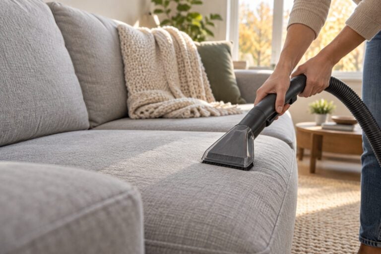 Hands vacuuming a gray fabric sofa cushion with an upholstery attachment in a bright living room
